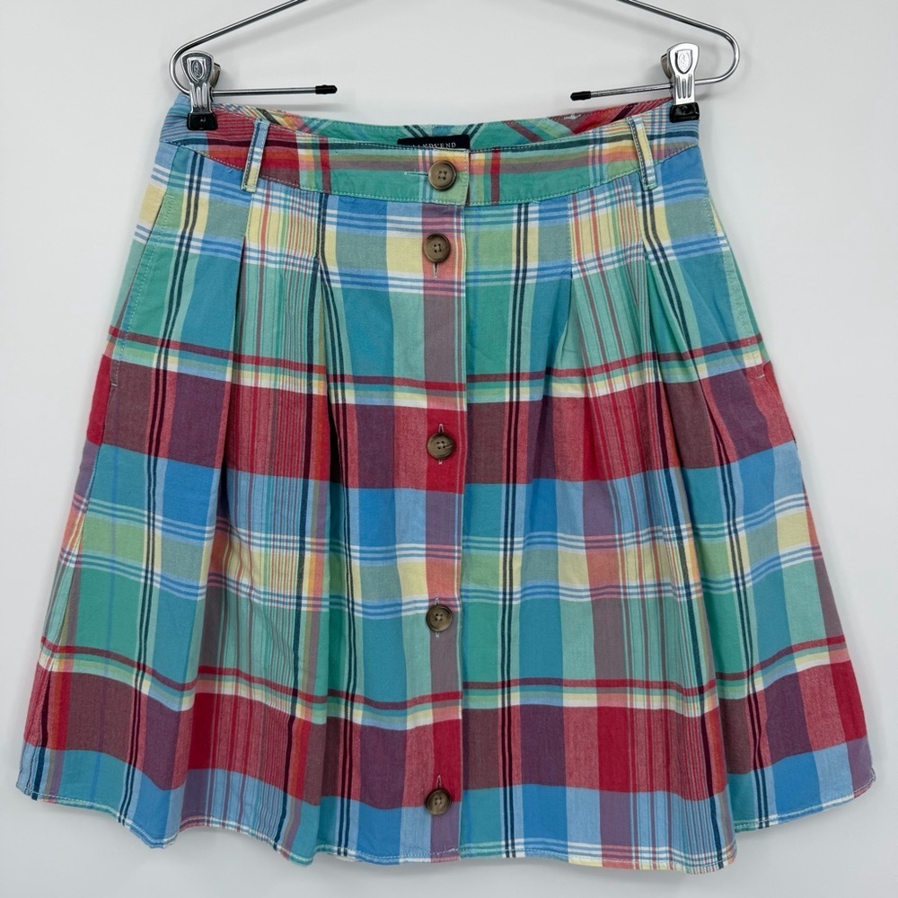 Lands’ End Vintage 100% Cotton Plaid Button-Front Pleated Skirt size 2 Petite
